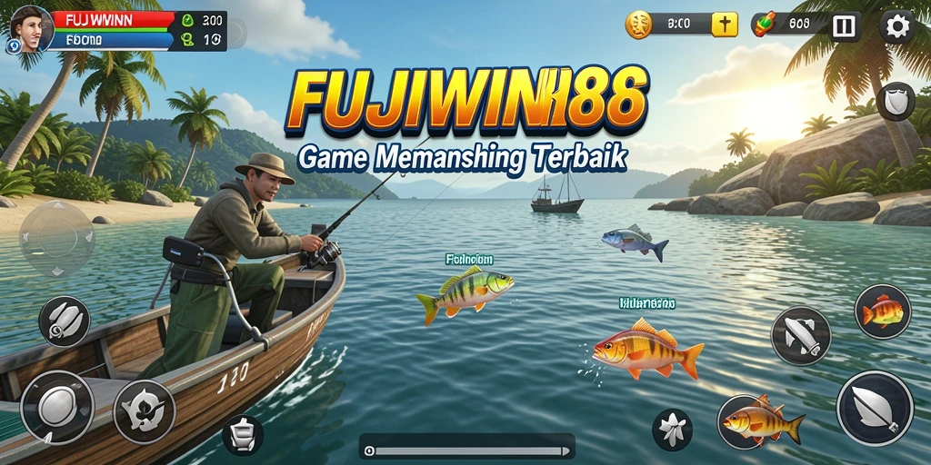 Screenshot gameplay FUJIWIN88 menampilkan saat menangkap ikan besar di danau.