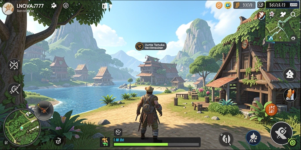 Screenshot gameplay LNOVA777 menampilkan dunia terbuka yang menakjubkan dan interaksi pemain.