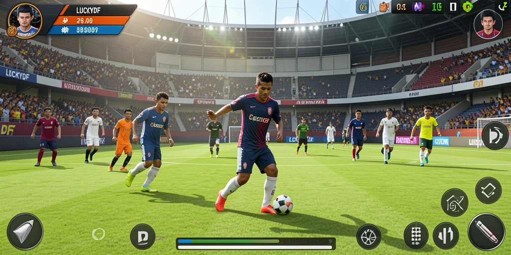Tampilan utama gameplay LUCKYDF yang memukau dengan aksi sepak bola.