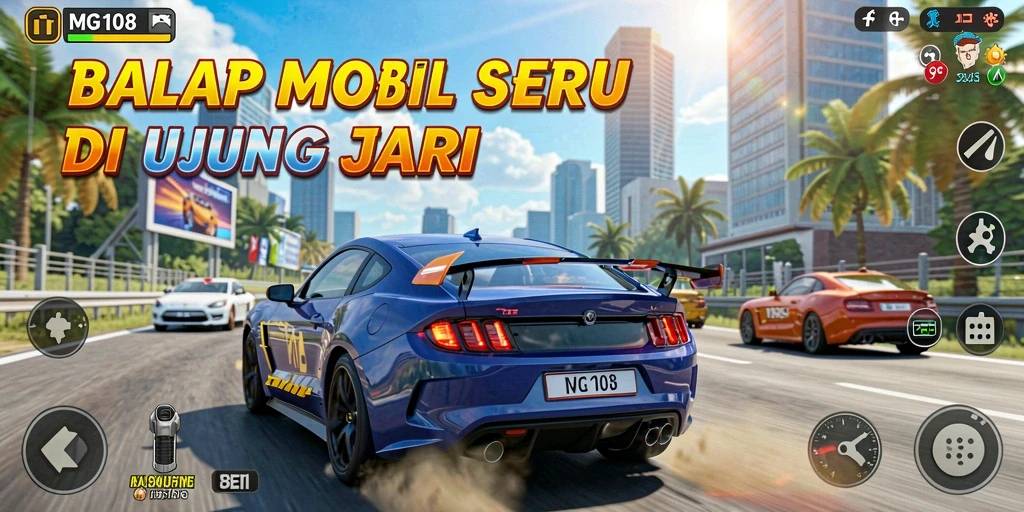 Screenshot MG108 menunjukkan mobil balap melaju kencang di sirkuit.