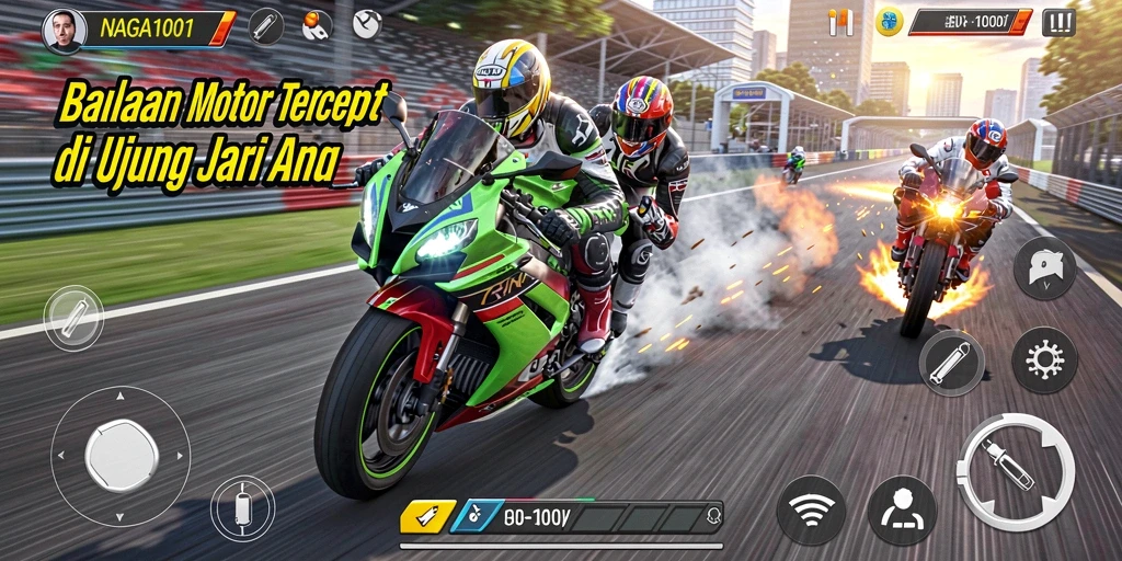 Screenshot utama NAGA1001 menampilkan balapan motor yang seru dan dinamis.