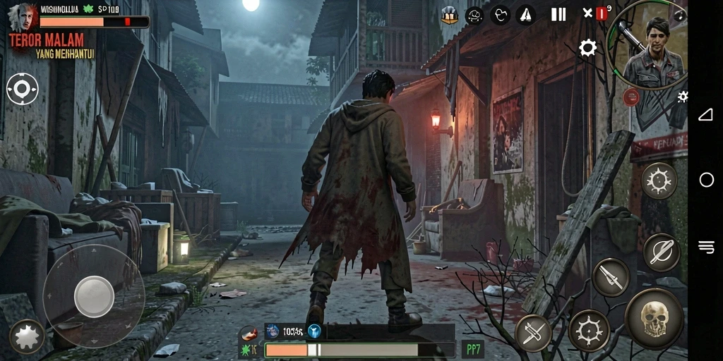 Screenshot gameplay <strong>PP7</strong> menunjukkan suasana mencekam dalam kegelapan.