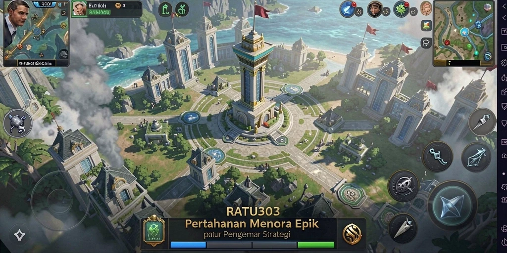 Screenshot gameplay RATU303 menunjukkan aksi menara pertahanan yang intens.