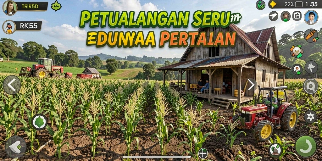 Tampilan gameplay RK55 yang menampilkan aktivitas bertani yang seru.