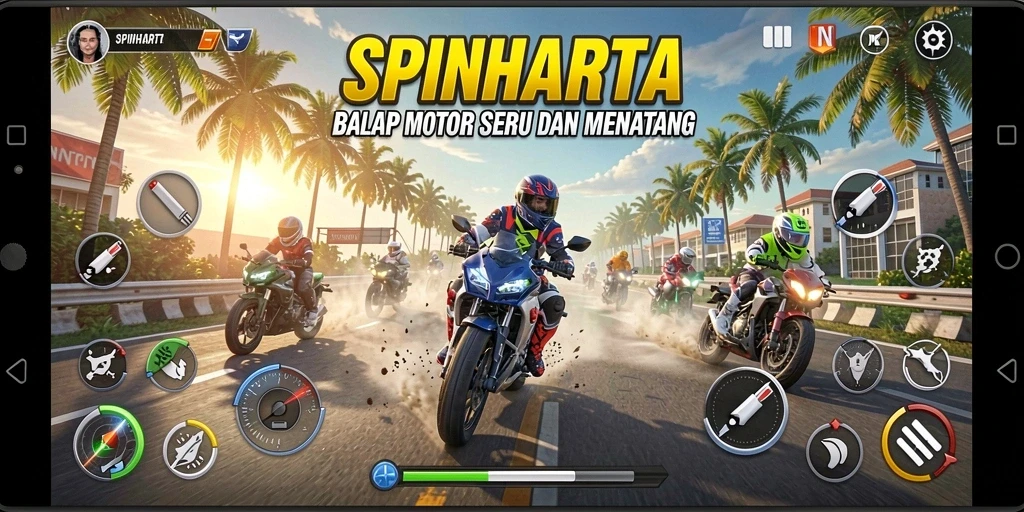 Tampilan seru dari gameplay SPINHARTA yang penuh aksi balap motor.