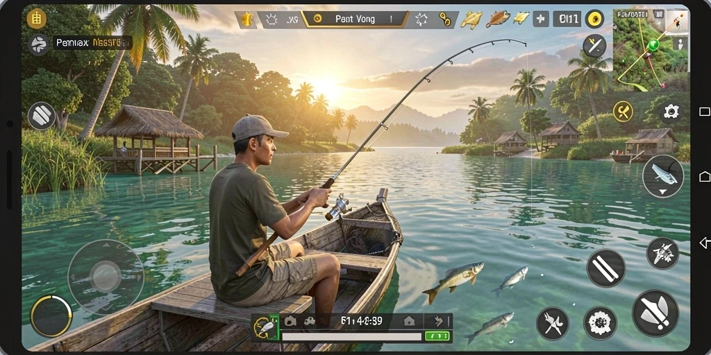 Gameplay V21 menampilkan suasana memancing yang menenangkan dan menyenangkan.